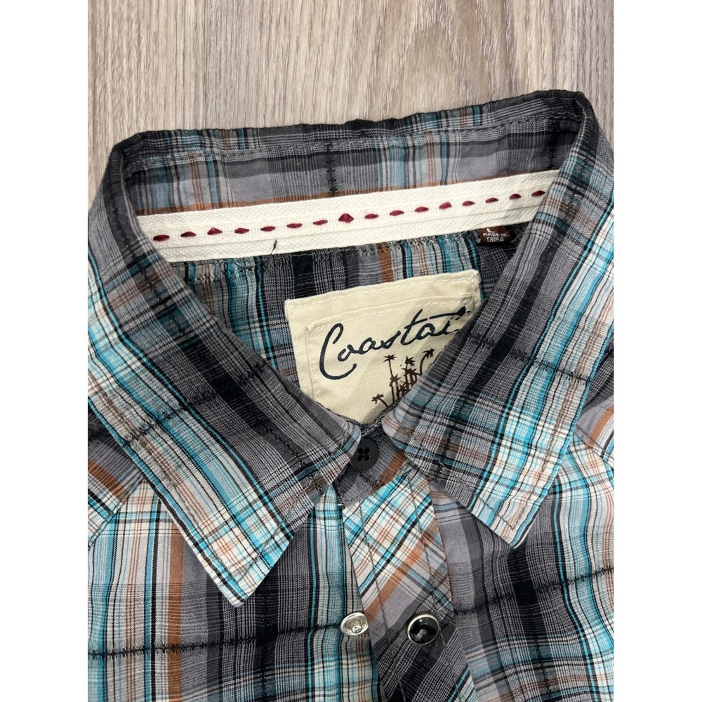 Coastal Mens Plaid‎ Western Snap Button Long Sleeve Shirt Grey Teal Orange Large